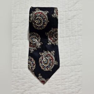 Dior Navy Paisley Silk Tie with Burgundy and Tan Accents